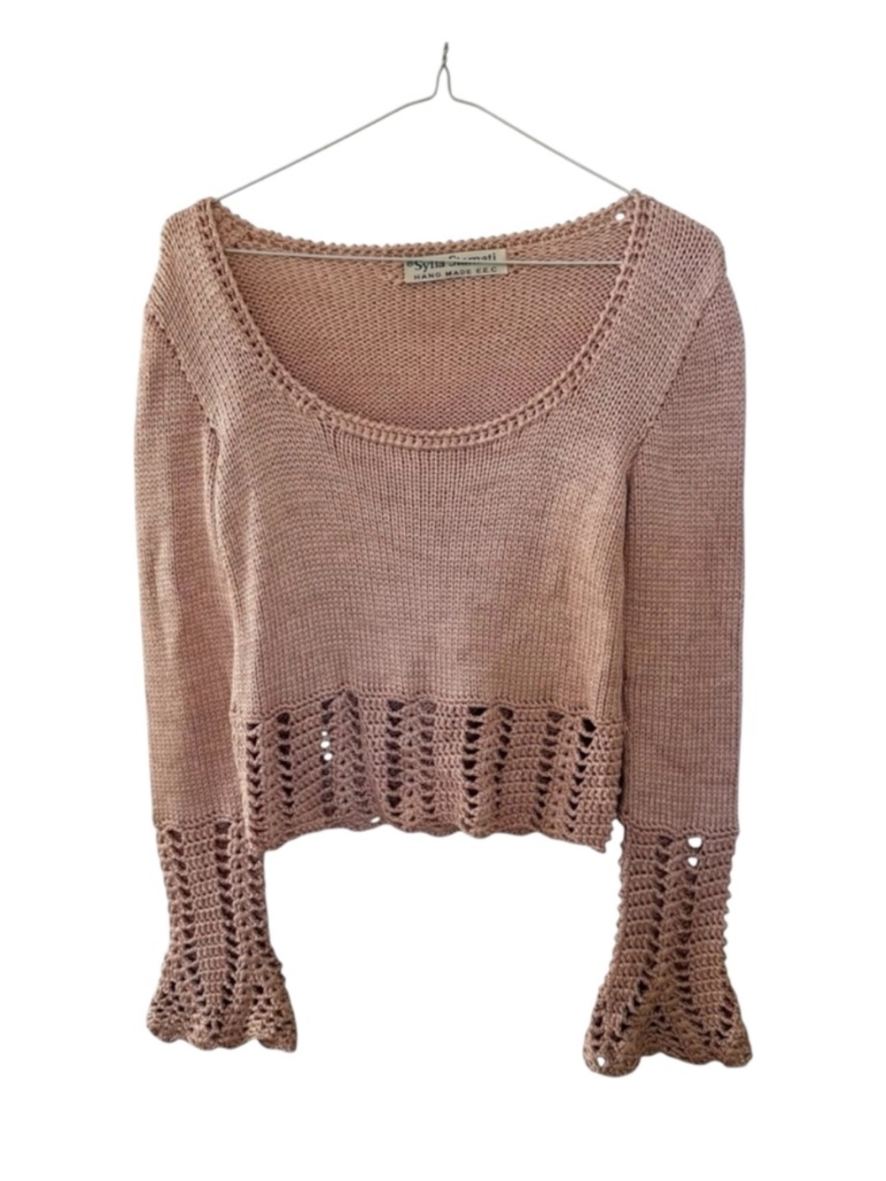 Vintage Hand Made Crochet Knit Cropped Sweater Pink Scoop Neck Small estimated